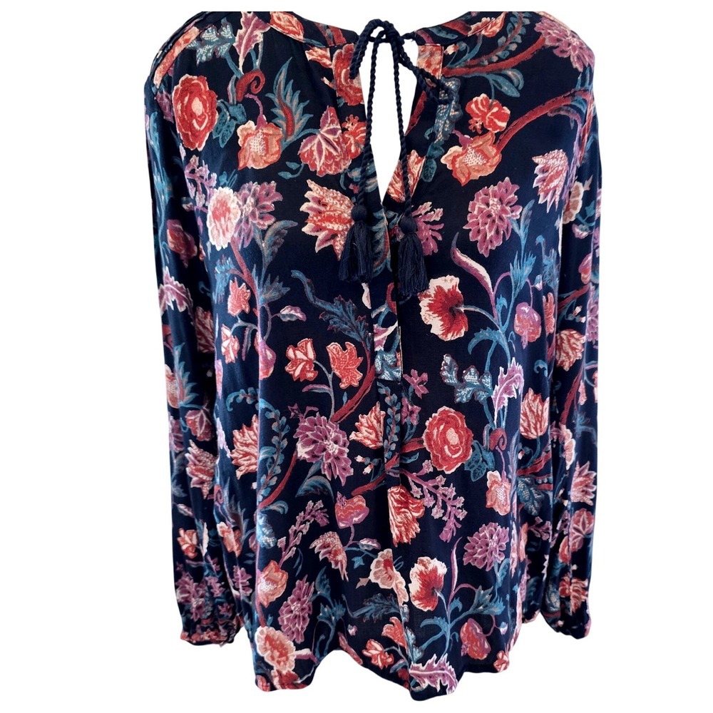 Lucky Brand Navy Floral Peasant Blouse Size M Tassel Tie Long Sleeve Boho Top